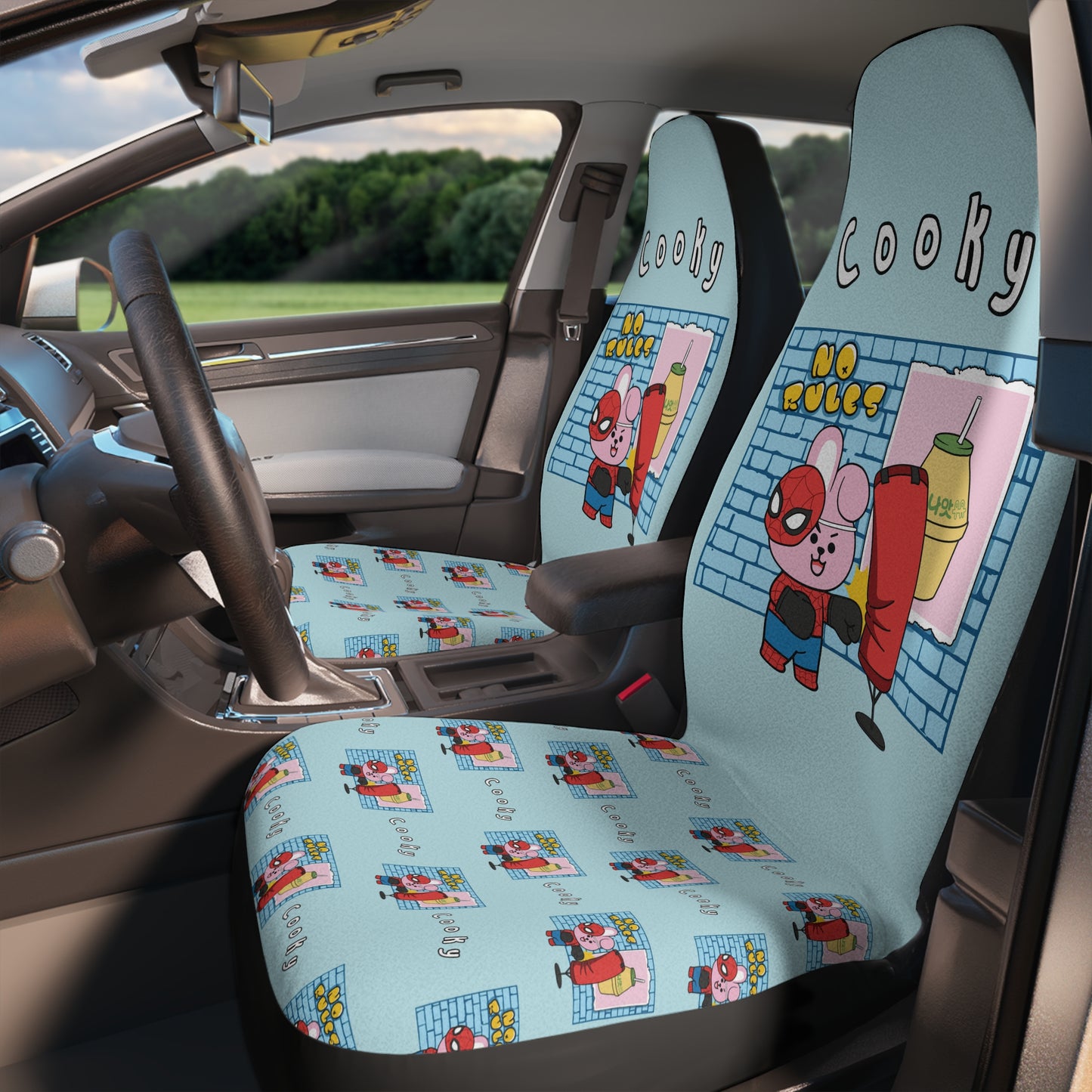 BT21 Cooky Blue Car Seat Cover Single Pattern Combo Design - Identical Set of 2