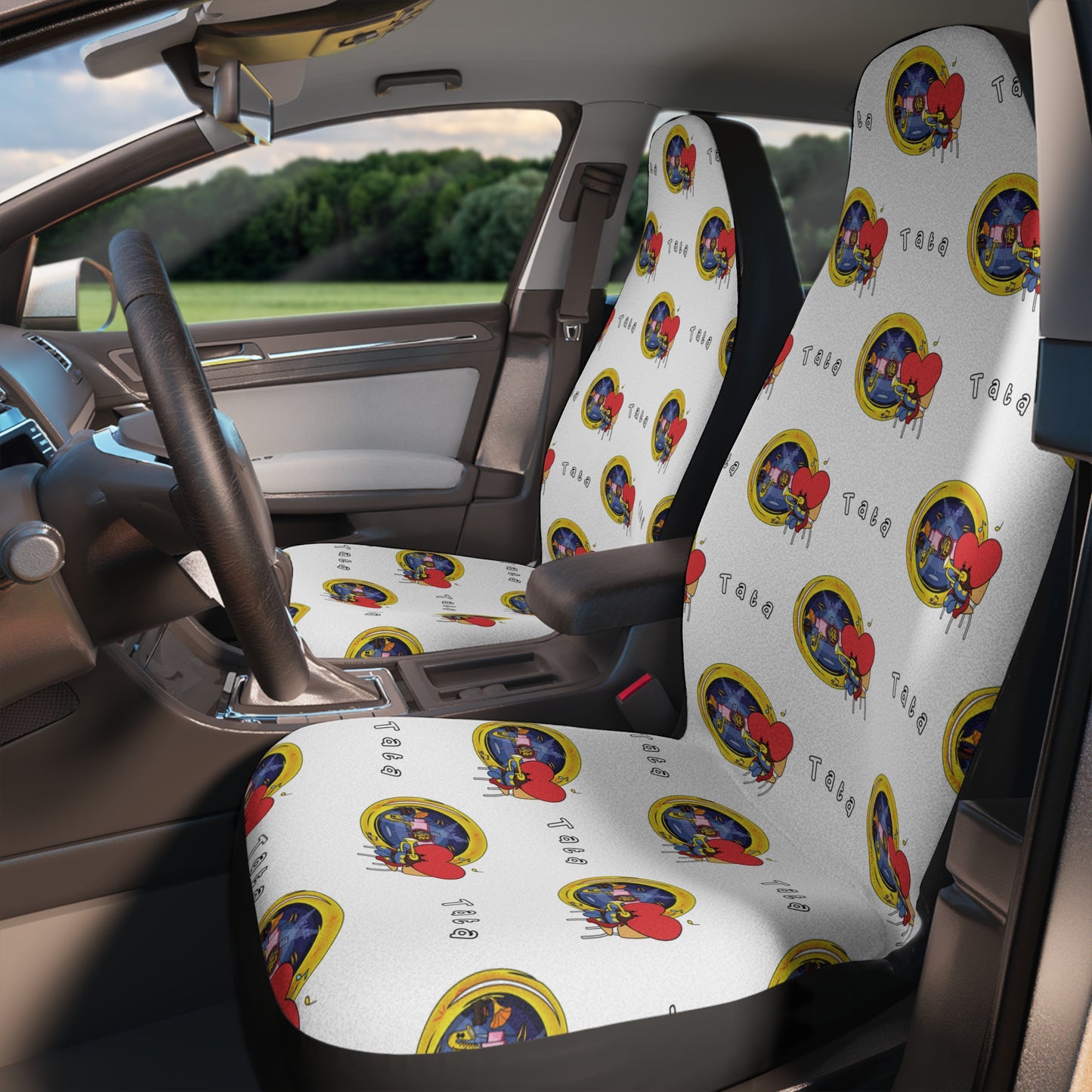 BT21 Tata White Car Seat Cover Pattern Design - Identical Set of 2