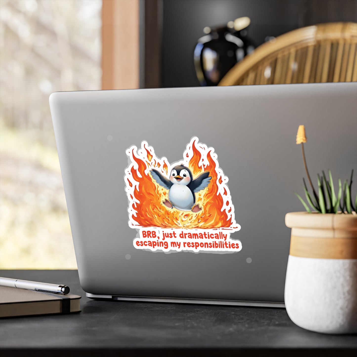 Penguin Dramatically Escaping Responsibilities Decal Sticker - Funny & Relatable