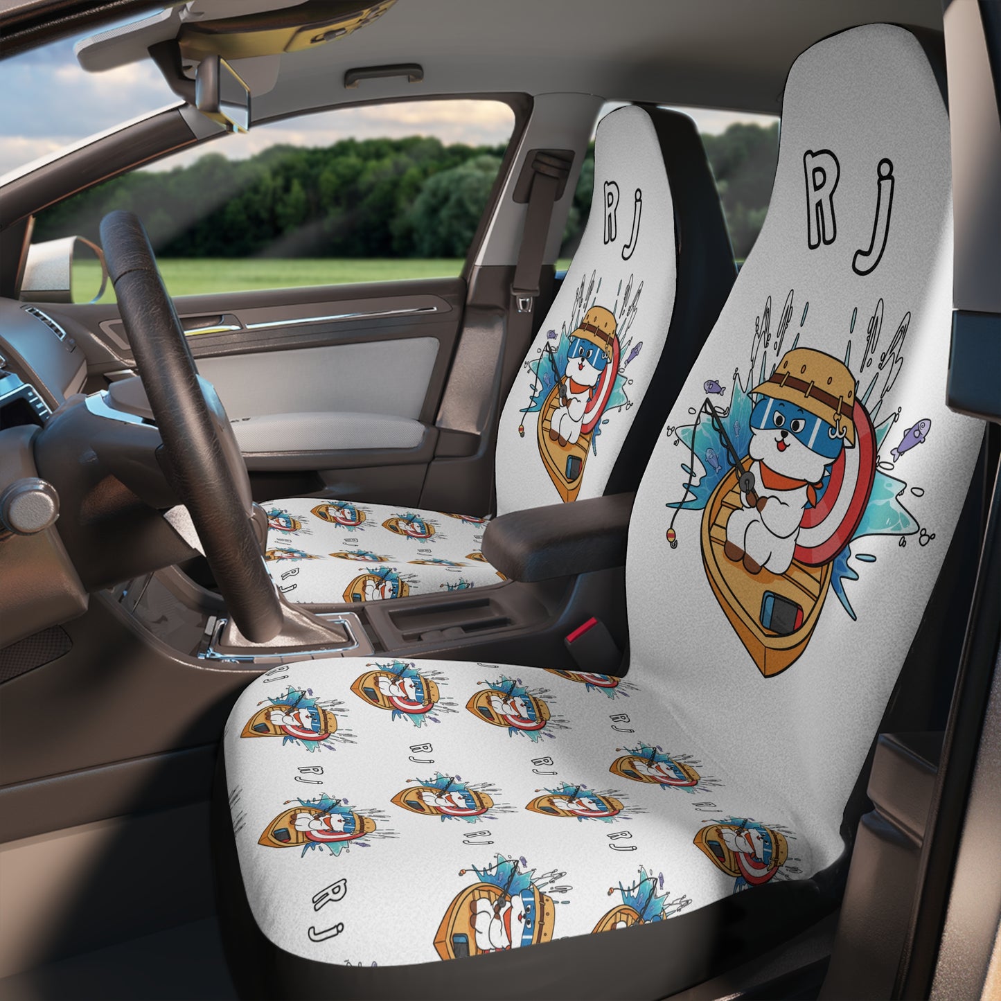 BT21 RJ White Car Seat Cover Single Pattern Combo Design - Identical Set of 2