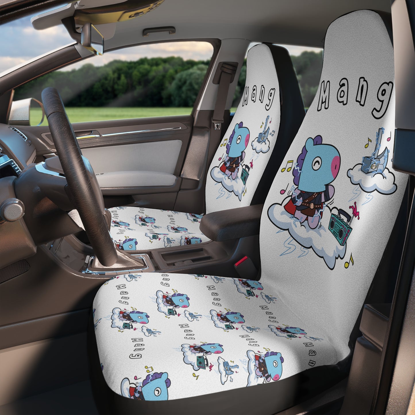 BT21 Mang White Car Seat Cover Single Pattern Combo Design - Identical Set of 2