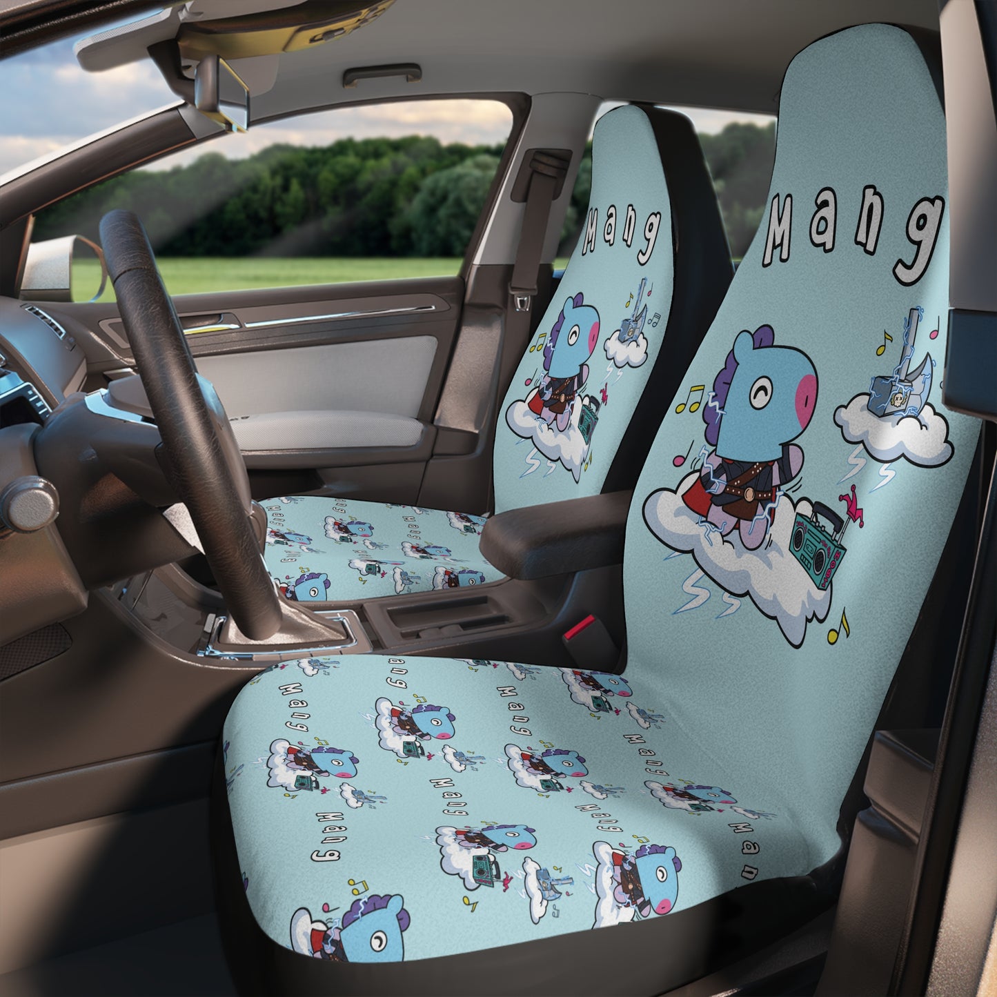 BT21 Mang Blue Car Seat Cover Single Pattern Combo Design - Identical Set of 2
