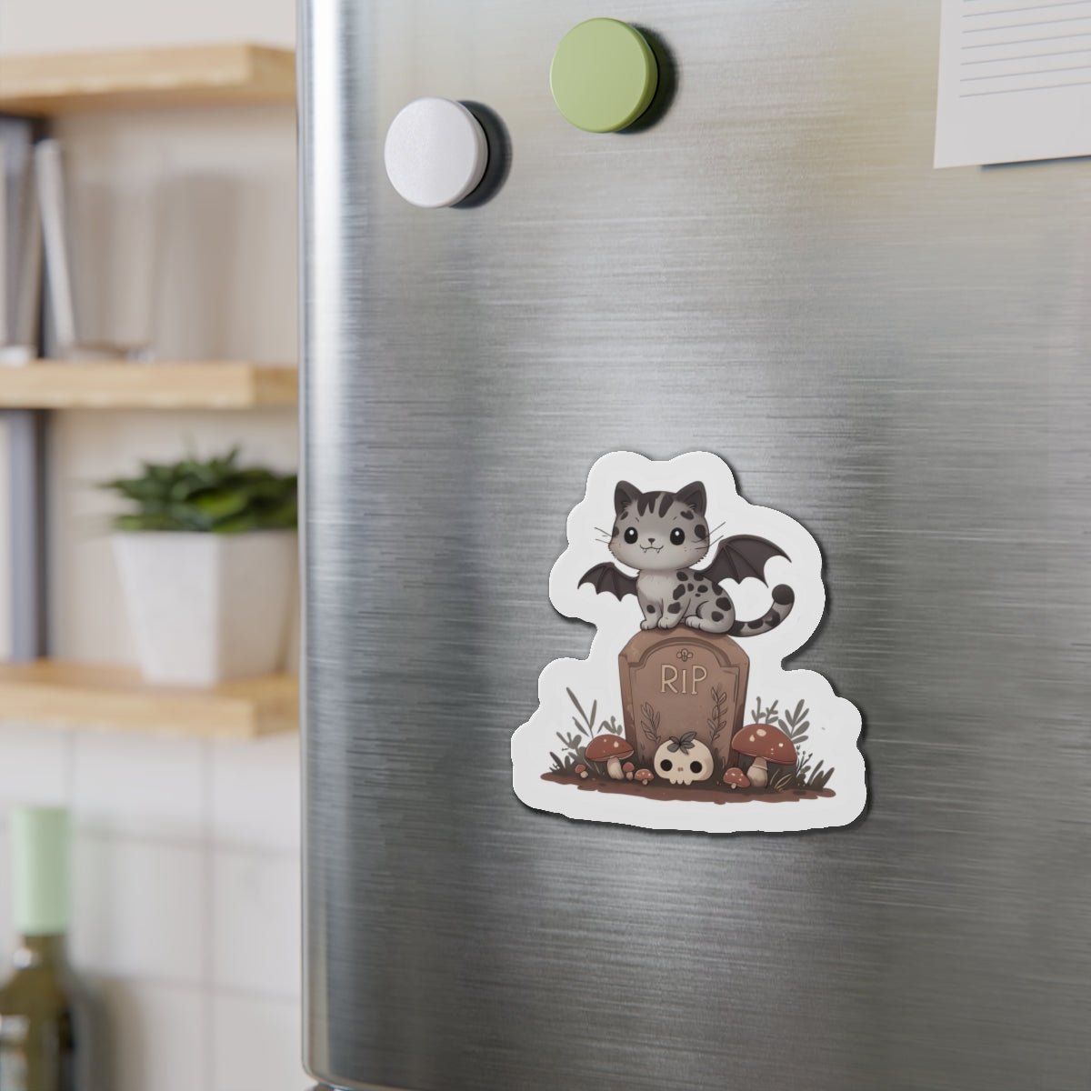 Spooky Cat With Bat Wings in Graveyard Magnet - Cute & Random