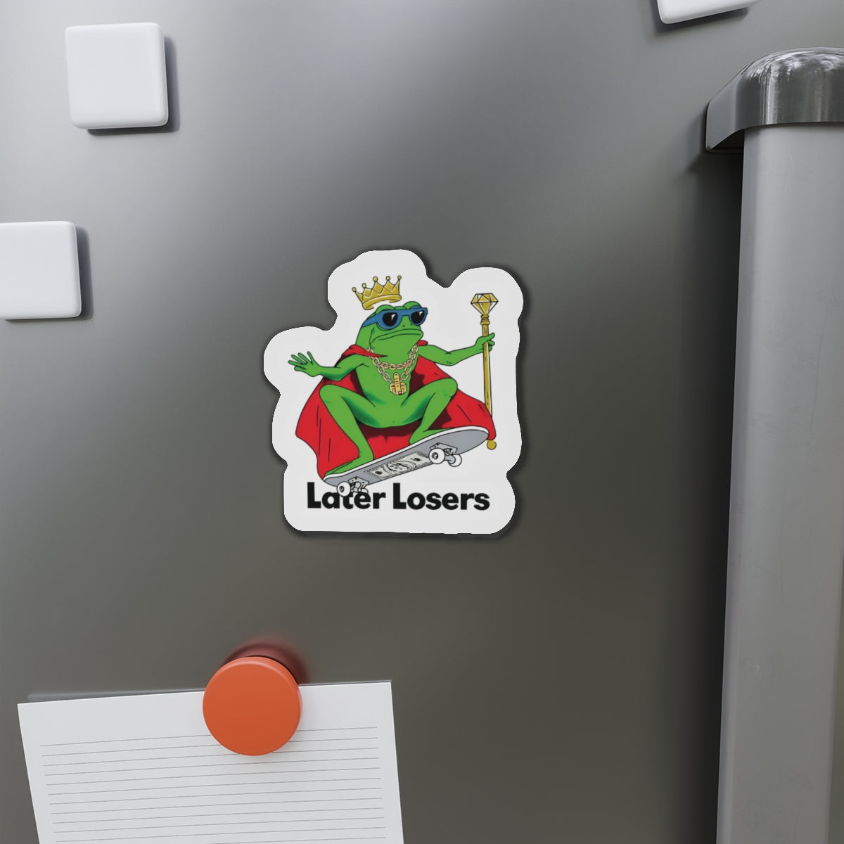 Later Losers King Frog Skateboarding Magnet - Funny & Relatable