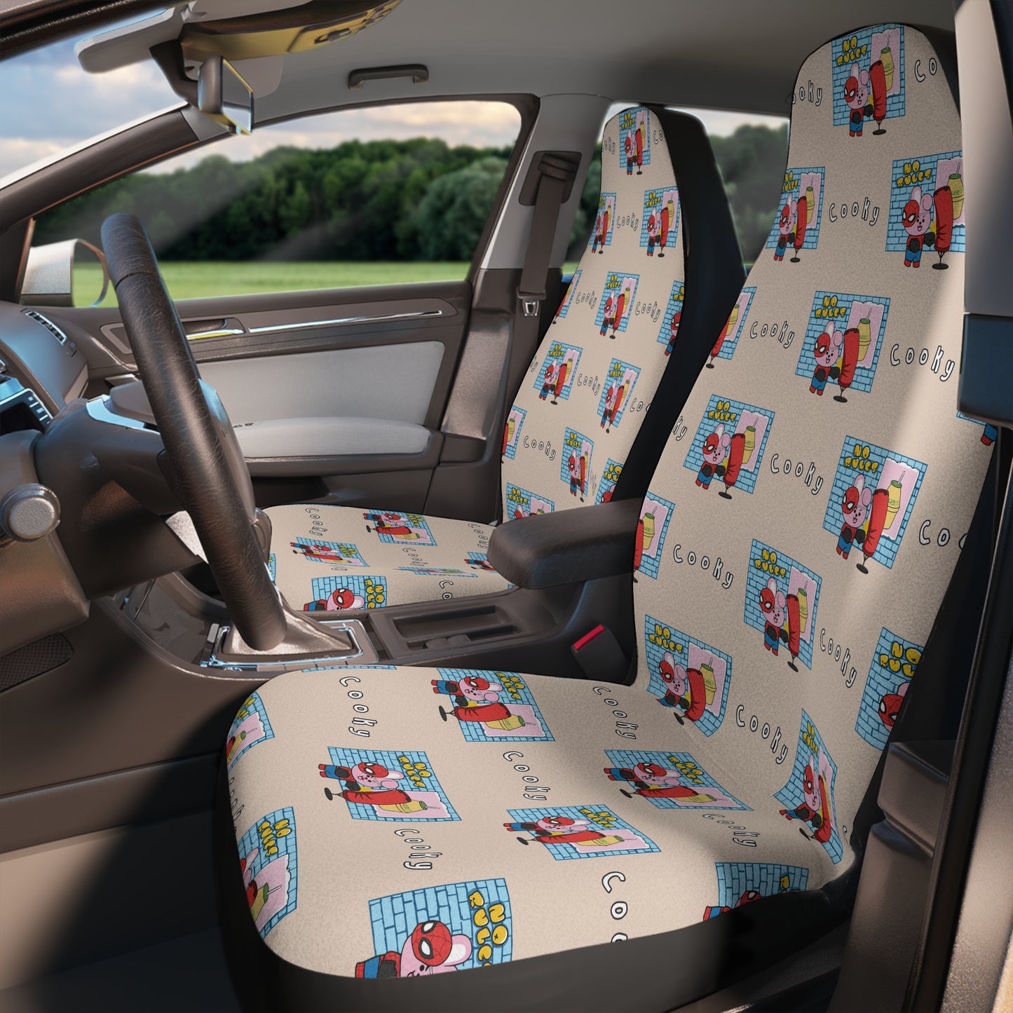 BT21 Cooky Beige Car Seat Cover Pattern Design - Identical Set of 2