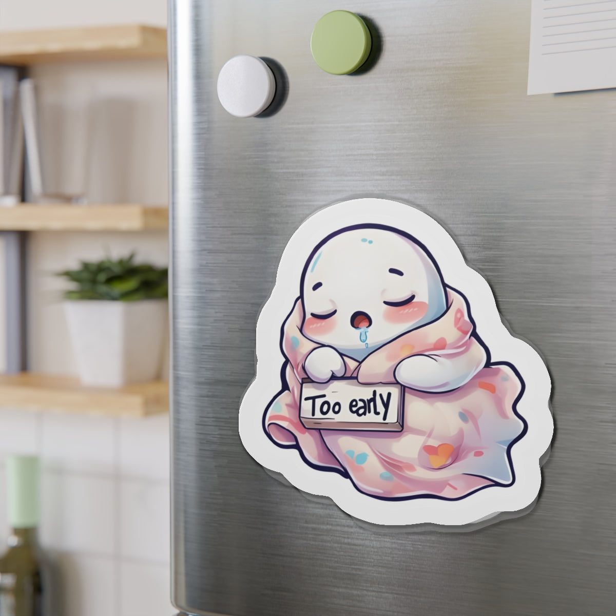 Sleeping Ghost Holding a Too Early Sign Magnet - Funny & Relatable