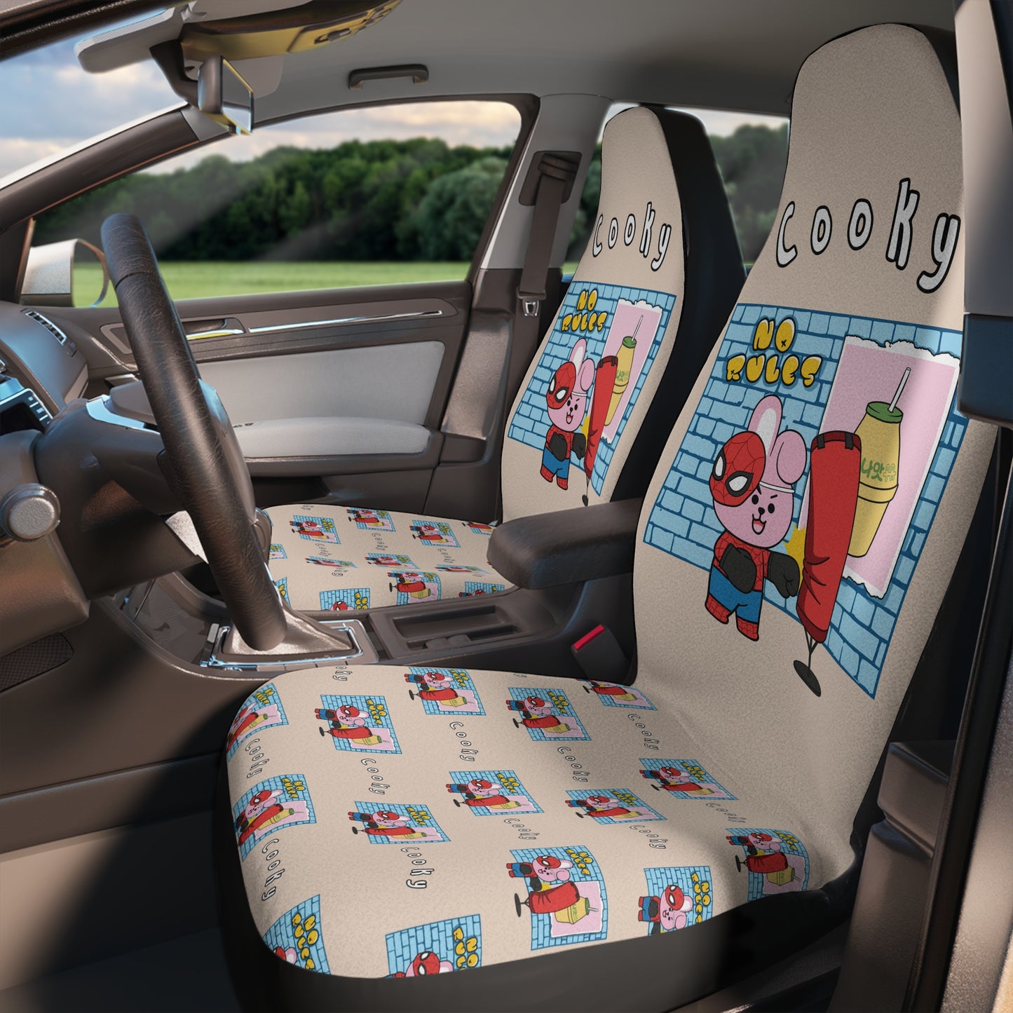 BT21 Cooky  Beige Car Seat Cover Single Pattern Combo Design - Identical Set of 2