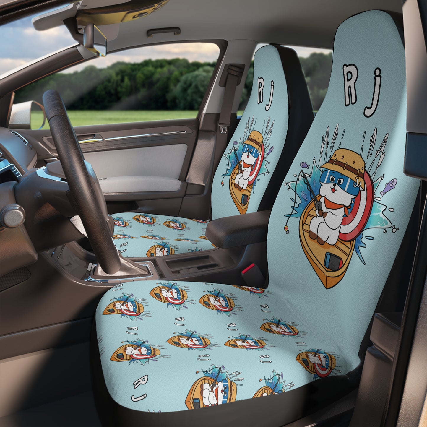 BT21 RJ Blue Car Seat Cover Single Pattern Combo Design - Identical Set of 2