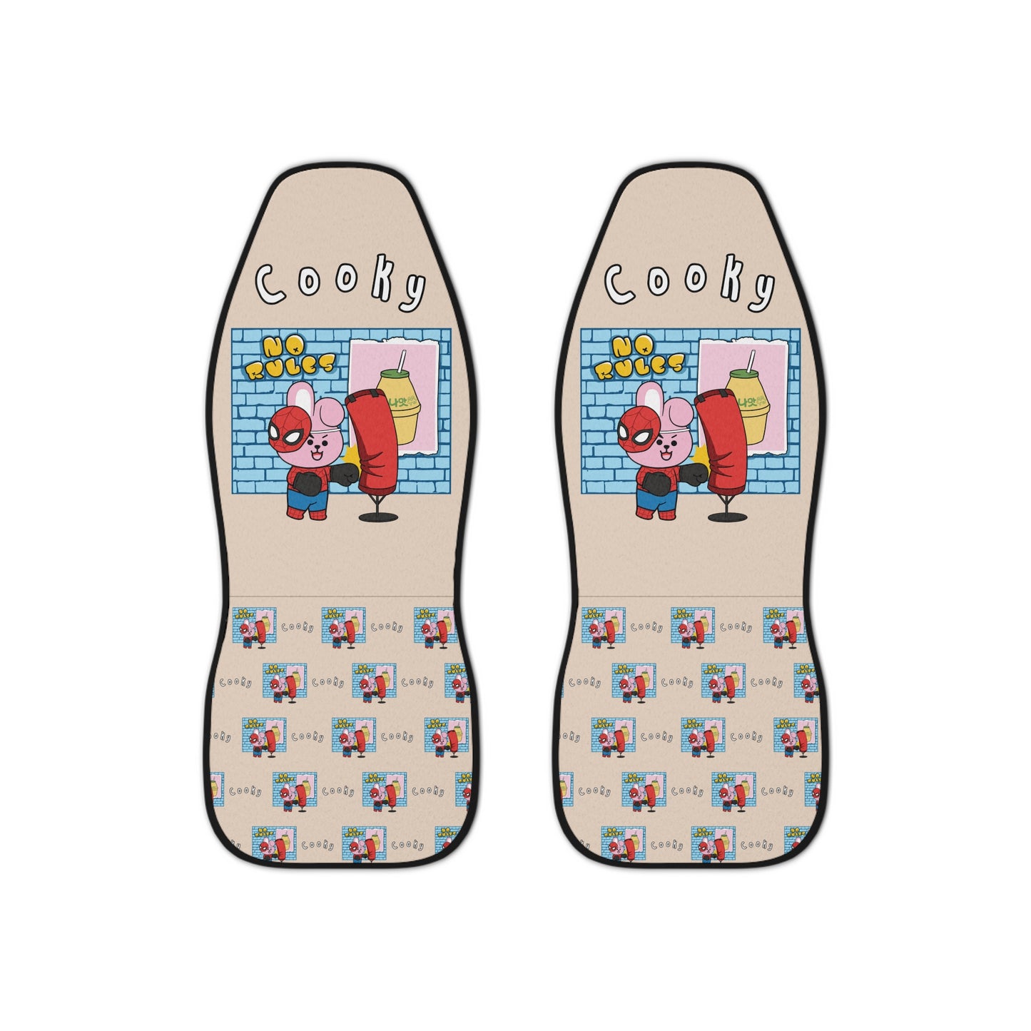 BT21 Cooky  Beige Car Seat Cover Single Pattern Combo Design - Identical Set of 2