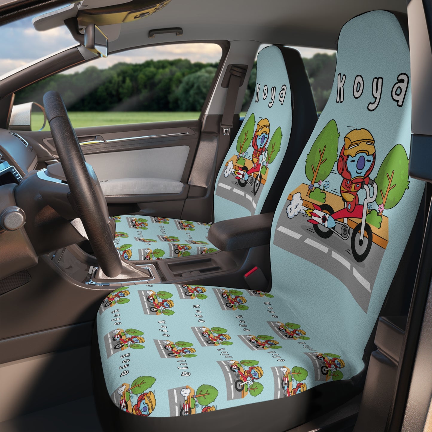 BT21 Koya Blue Car Seat Cover Single Pattern Combo Design - Identical Set of 2