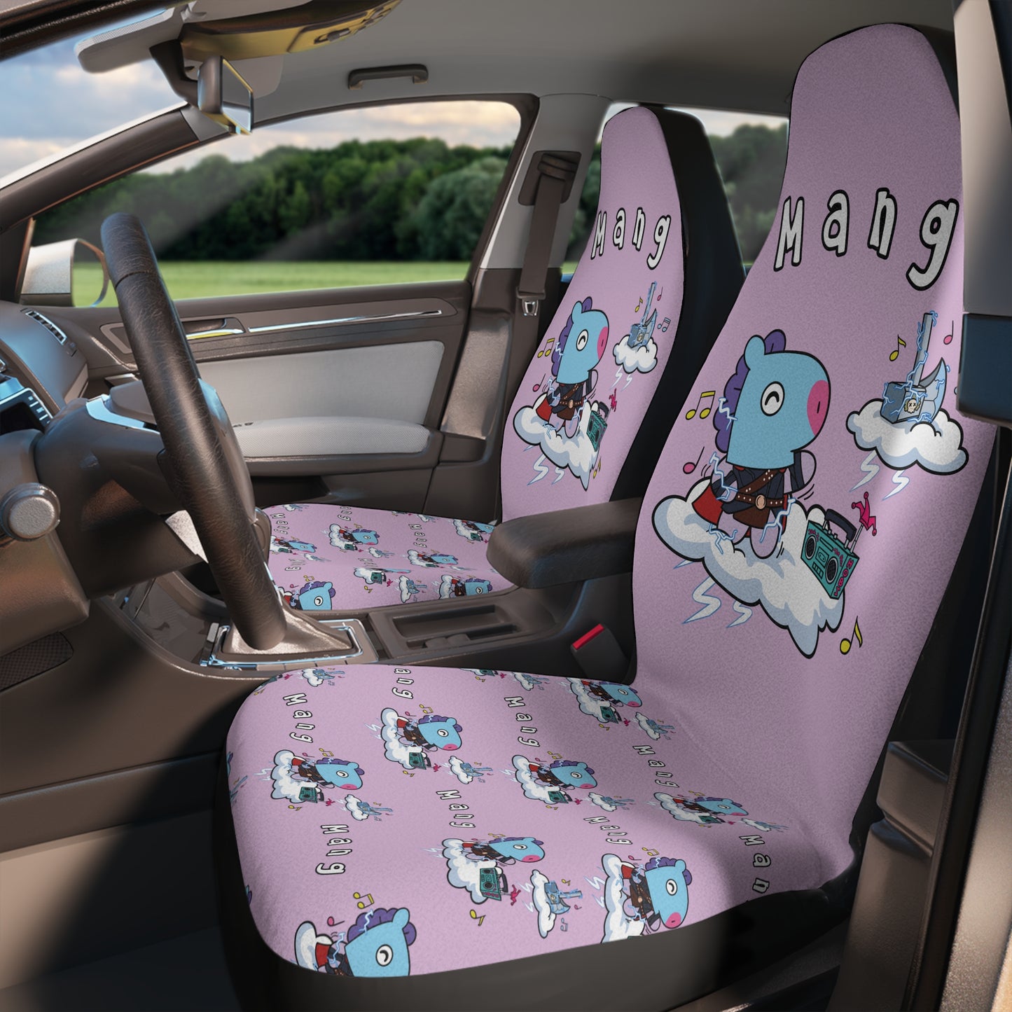 BT21 Mang Purple Car Seat Cover Single Pattern Combo Design - Identical Set of 2