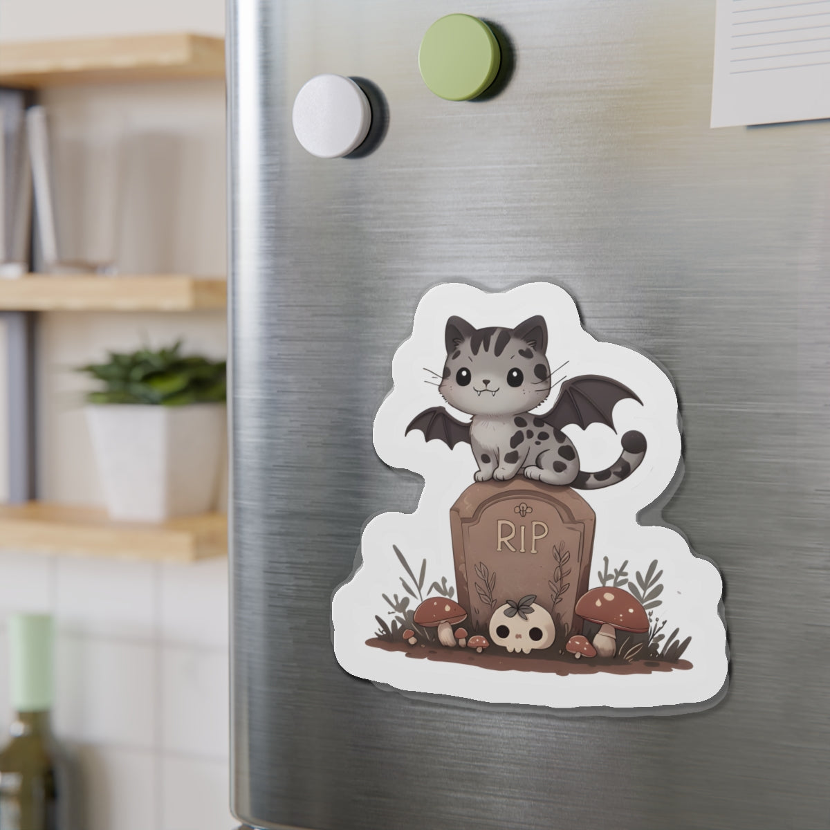 Spooky Cat With Bat Wings in Graveyard Magnet - Cute & Random