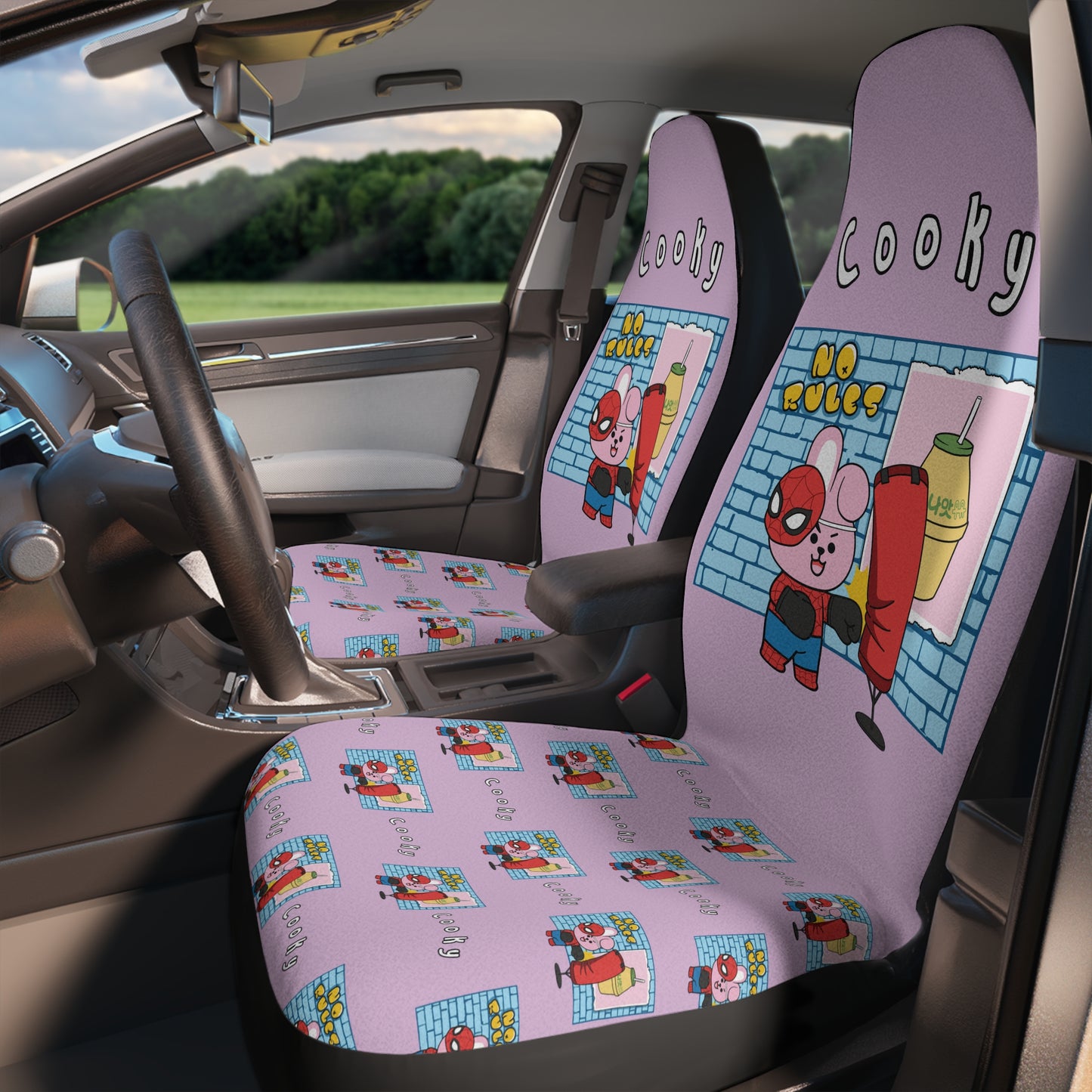 BT21 Cooky Purple Car Seat Cover Single Pattern Combo Design - Identical Set of 2