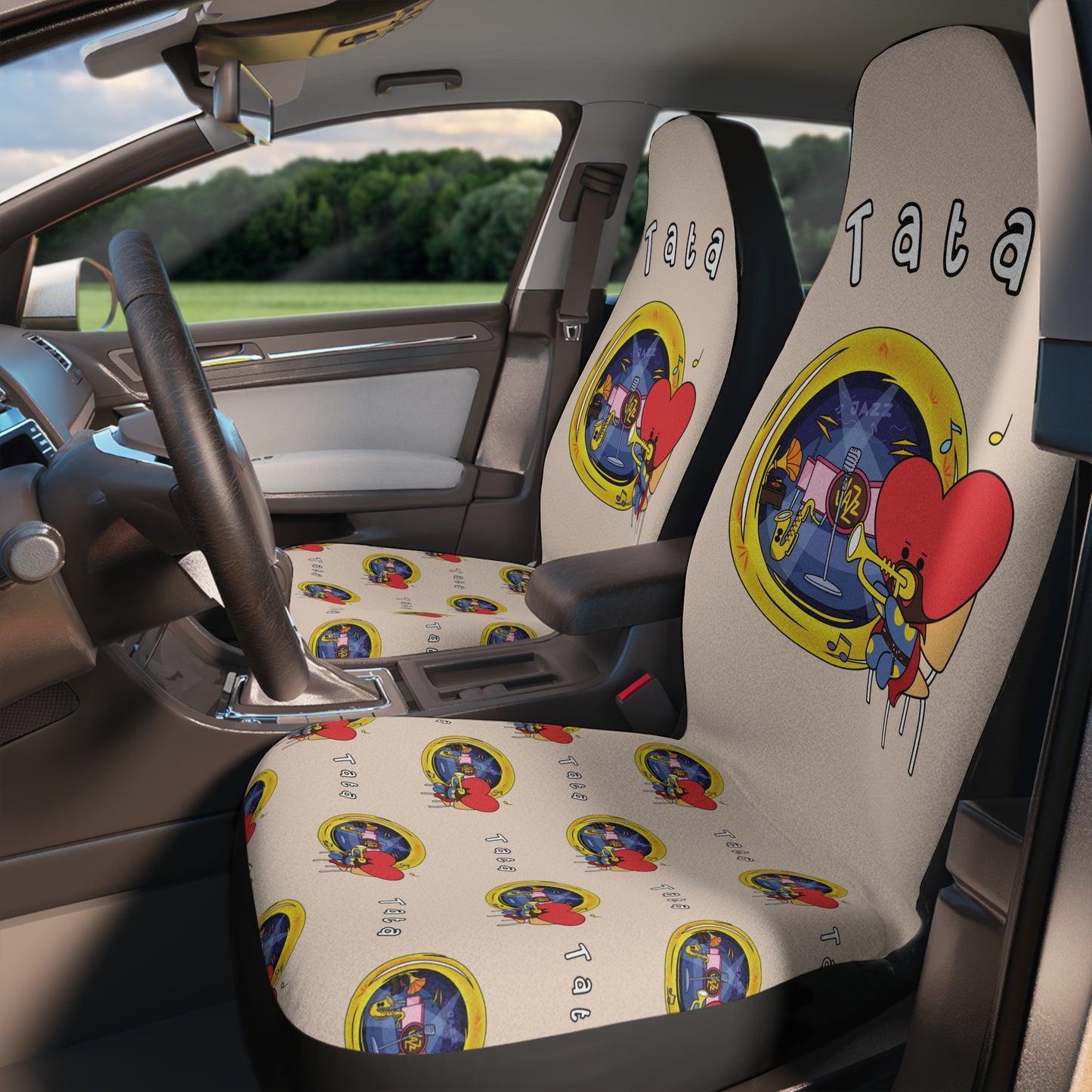 BT21 Tata Beige Car Seat Cover Single Pattern Combo Design - Identical Set of 2