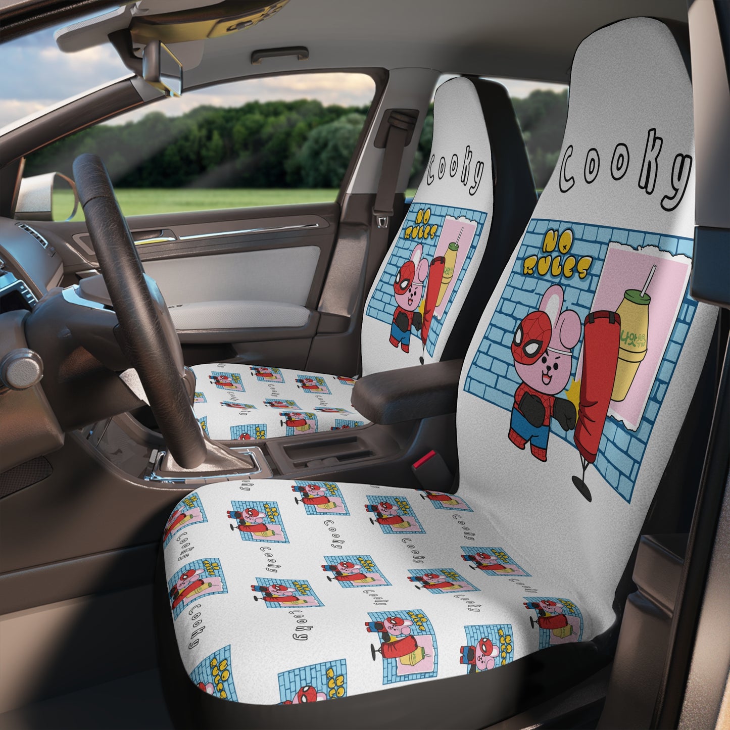BT21 Cooky White Car Seat Cover Single Pattern Combo Design - Identical Set of 2