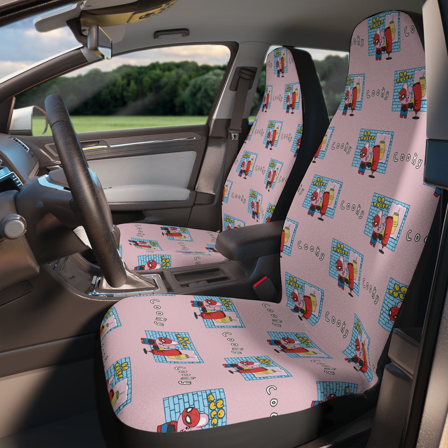 BT21 Cooky Pink Car Seat Cover Pattern Design - Identical Set of 2