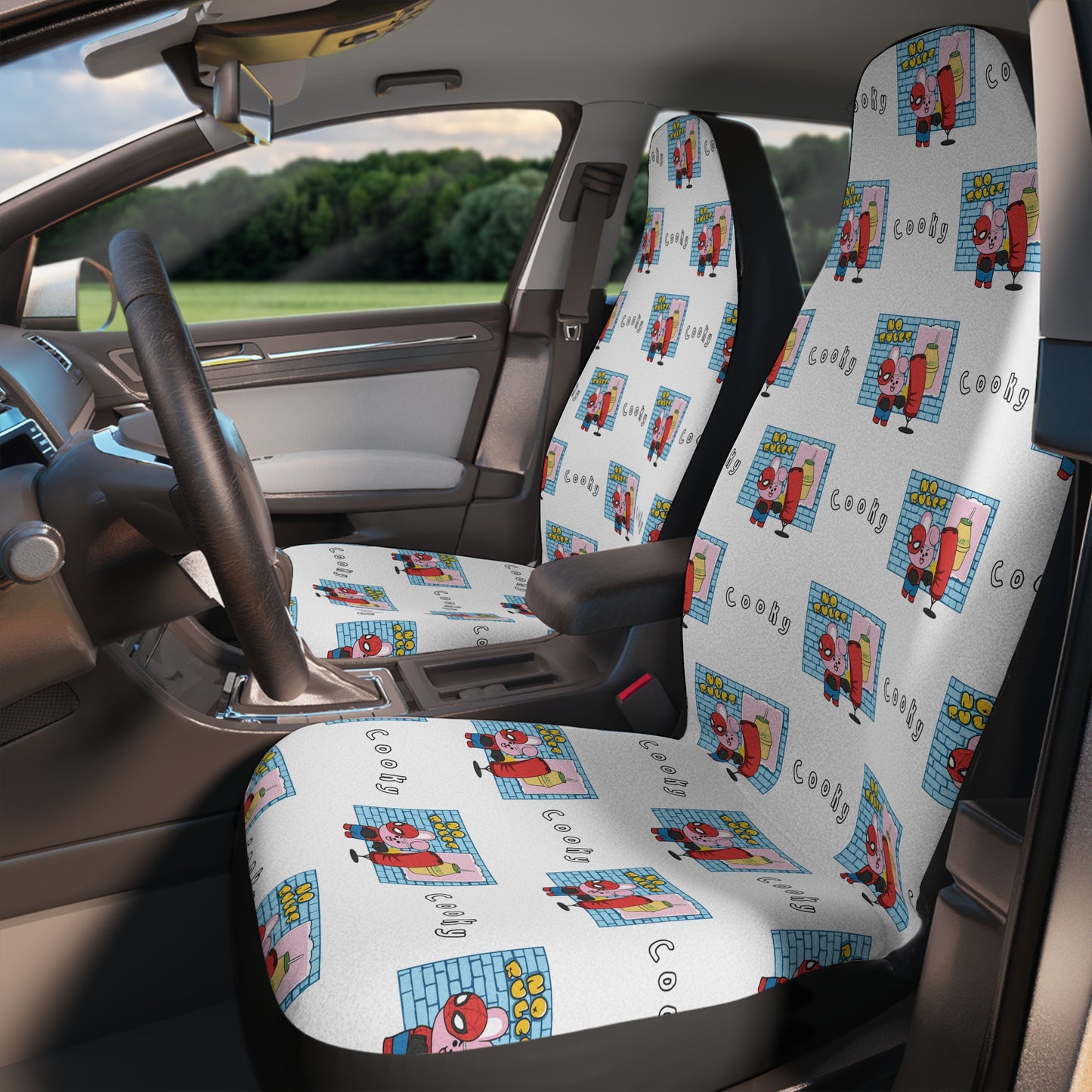 BT21 Cooky White Car Seat Cover Pattern Design - Identical Set of 2