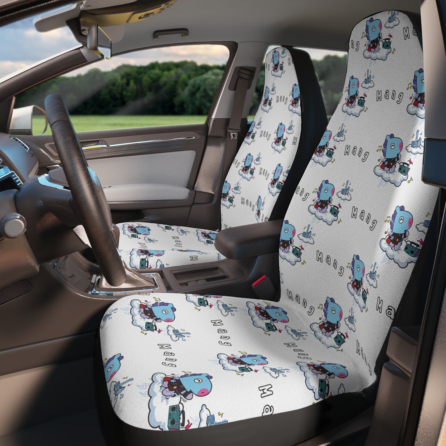 BT21 Mang White Car Seat Cover Pattern Design - Identical Set of 2