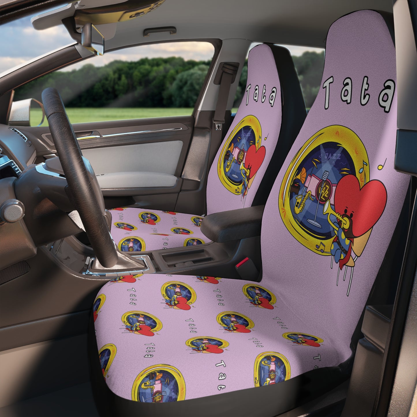 BT21 Tata Purple Car Seat Cover Single Pattern Combo Design - Identical Set of 2