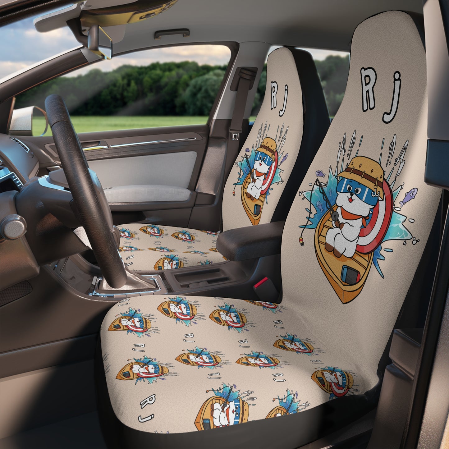 BT21 RJ Beige Car Seat Cover Single Pattern Combo Design - Identical Set of 2