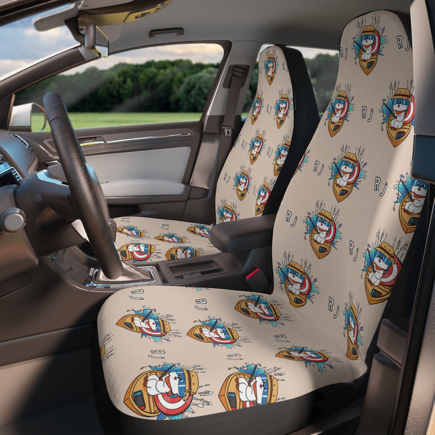 BT21 RJ Beige Car Seat Cover Pattern Design - Identical Set of 2