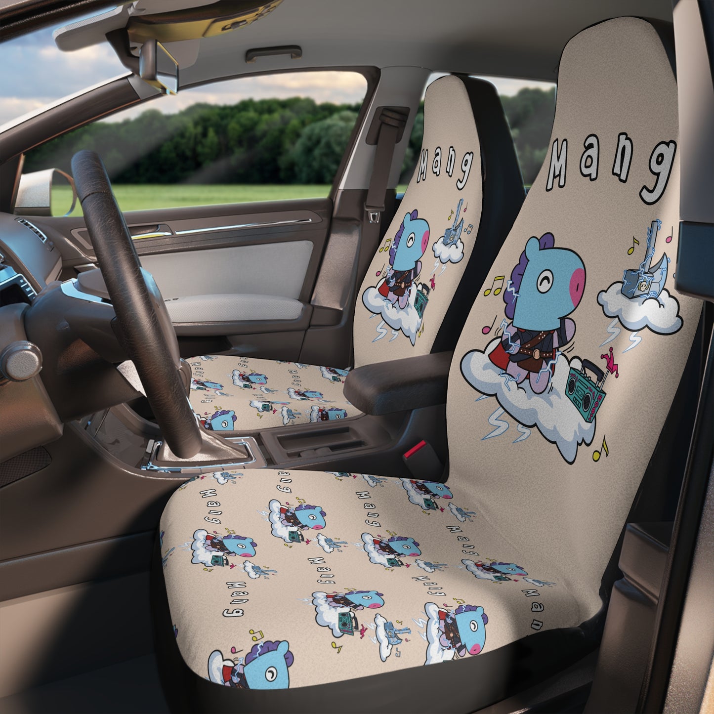 BT21 Mang Beige Car Seat Cover Single Pattern Combo Design - Identical Set of 2