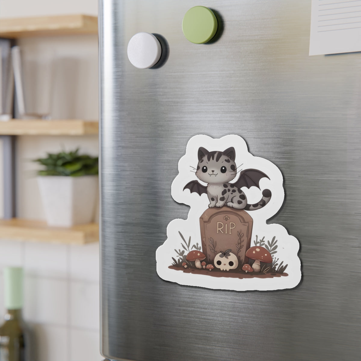 Spooky Cat With Bat Wings in Graveyard Magnet - Cute & Random